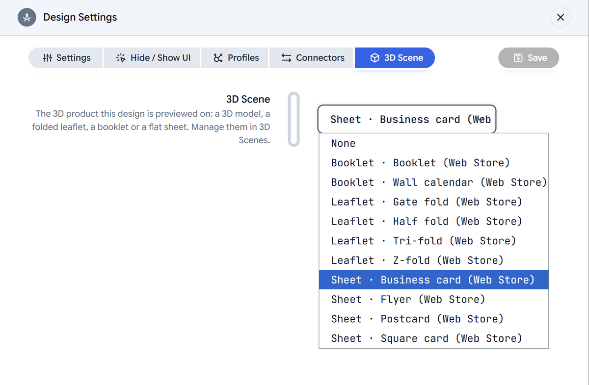 The 3D Scene tab in Design Settings, with a business card scene chosen