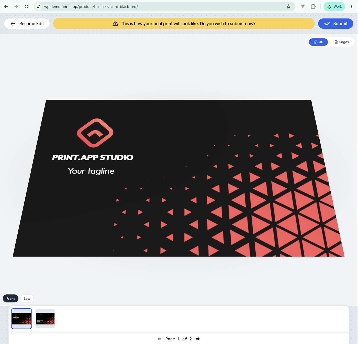 The Print.App editor's preview showing a customer's business card in 3D, with the 3D and Pages switch