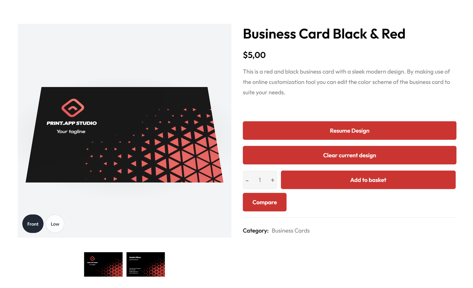 A WooCommerce product page whose gallery shows the customer's business card design in 3D