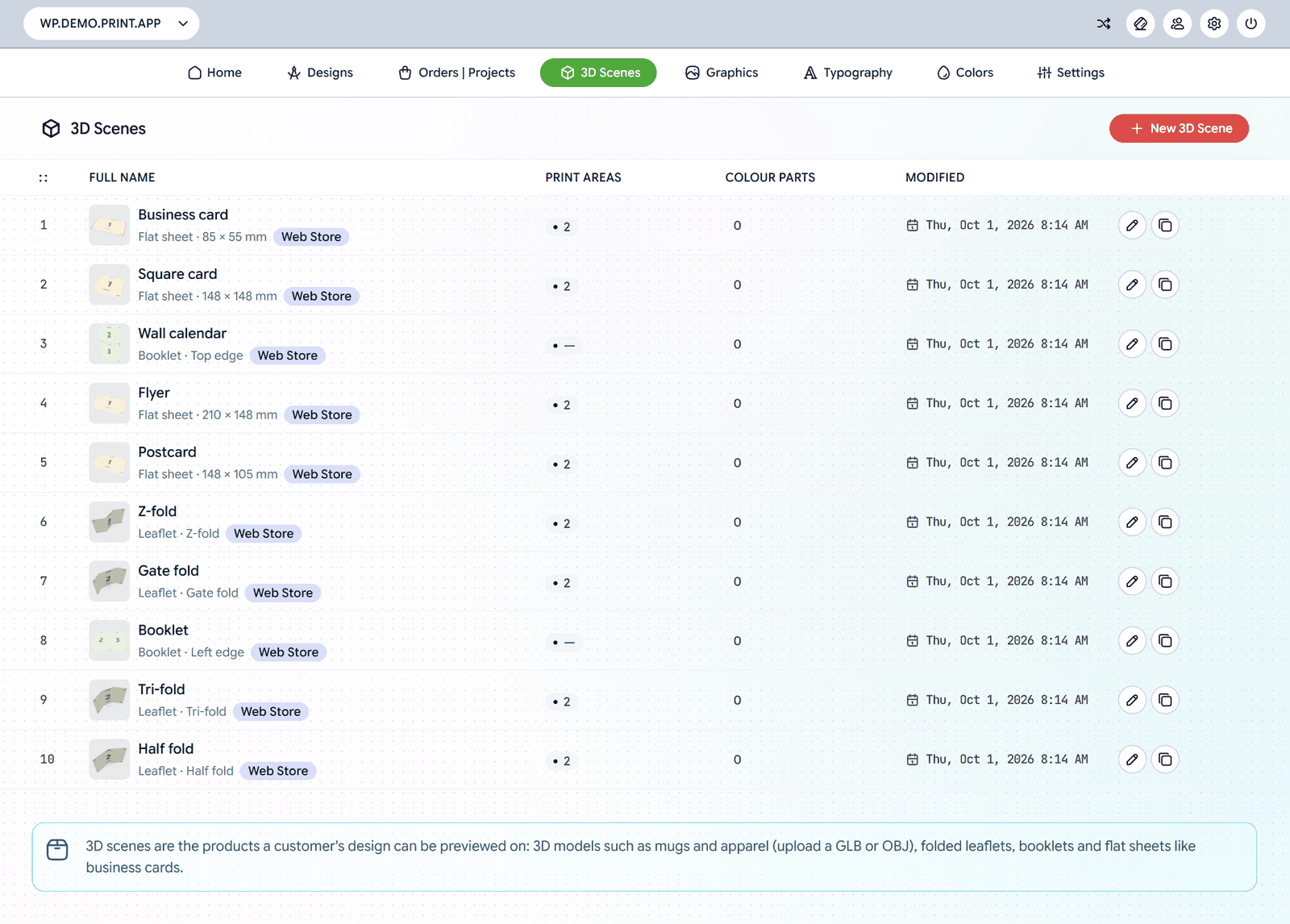 The 3D Scenes page in the Print.App admin, listing ready-made Web Store scenes