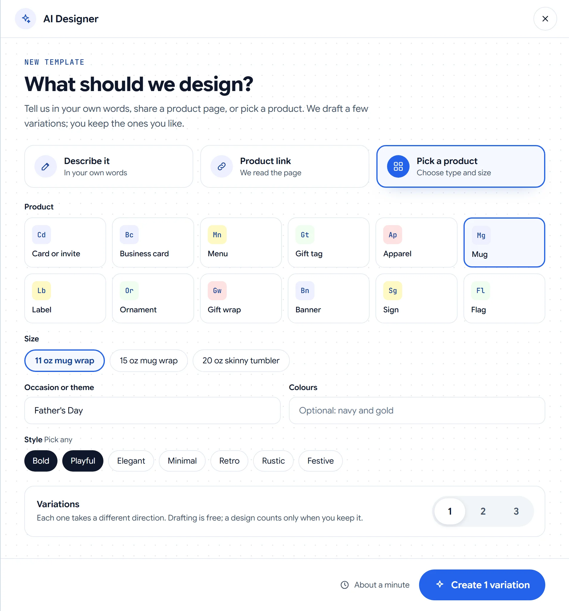 The Pick a product brief, with a mug, size, occasion, colors and styles chosen