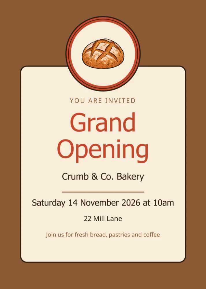 Kraft and stamp direction: a brown grand opening invitation with a bread badge