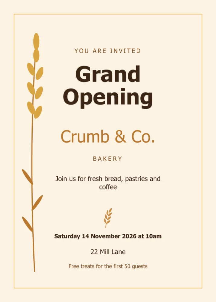 Wheat harvest direction: a cream grand opening invitation with a golden wheat stalk