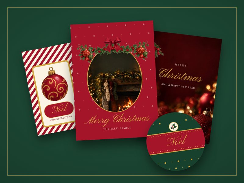 Classic Red & Gold designs: a family photo card, a flat card, a striped gift tag and a Noel ornament