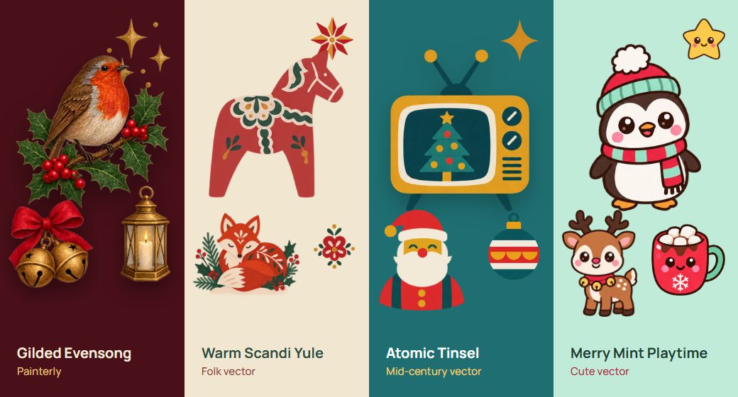 Four Christmas graphics kits side by side: Gilded Evensong, Warm Scandi Yule, Atomic Tinsel and Merry Mint Playtime