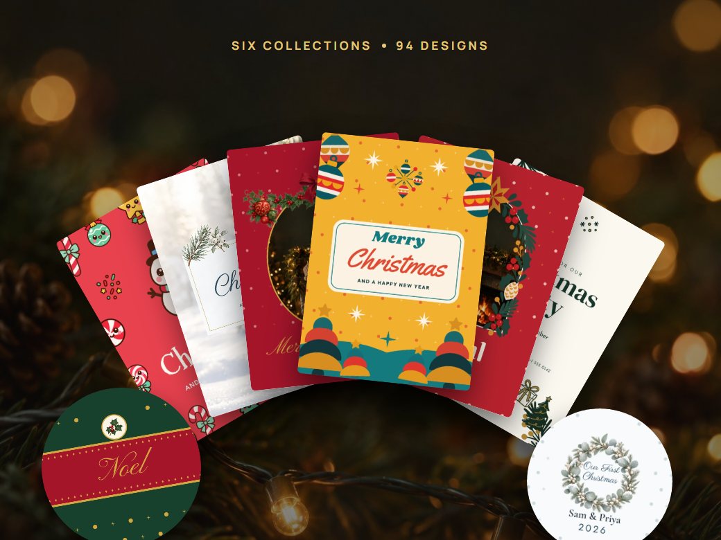 Christmas cards from six Print.App design collections fanned out over warm Christmas lights