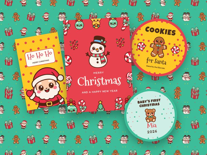 Kids' Christmas designs: a snowman card, a Santa gift tag, a cookies for Santa label and a baby's first Christmas ornament