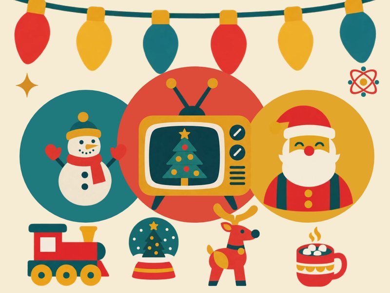 Atomic Tinsel kit: a snowman, a retro television and Santa on colourful circles, with a toy train, a snow globe and a reindeer