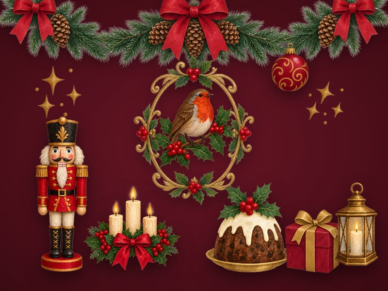 Gilded Evensong kit: a painted robin in a gold frame, a nutcracker, candles, a Christmas pudding and a lantern under a holly garland