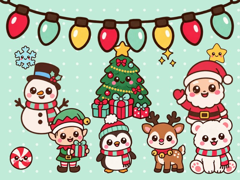 Merry Mint Playtime kit: cute snowman, Santa, elf, penguin, reindeer and polar bear characters around a Christmas tree