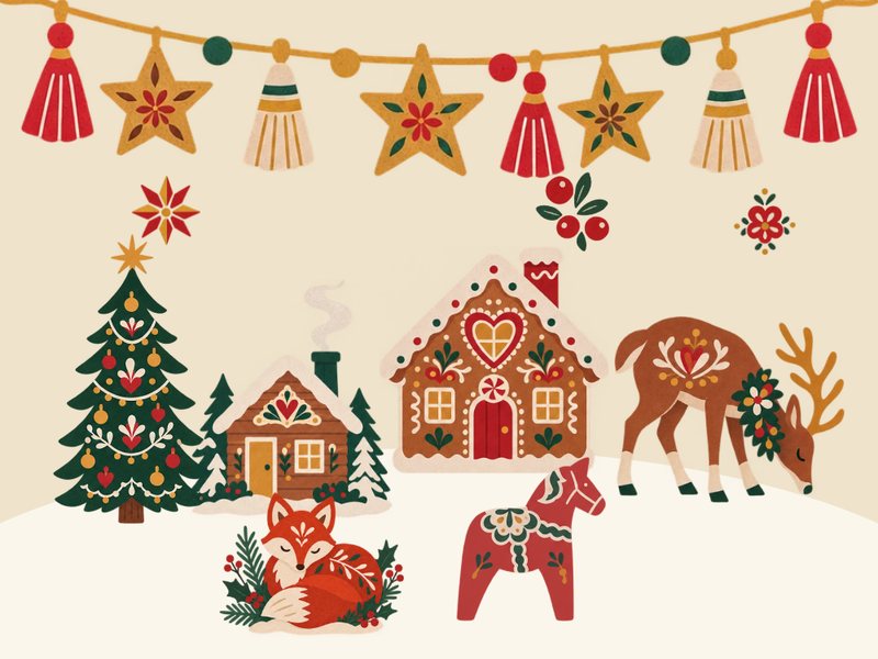 Warm Scandi Yule kit: a folk tree, a log cabin, a gingerbread house, a deer, a fox and a Dala horse under folk bunting