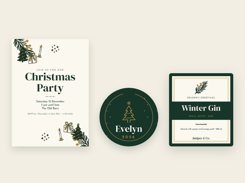 Minimal Christmas designs: a party invitation, a name ornament and a gin bottle label