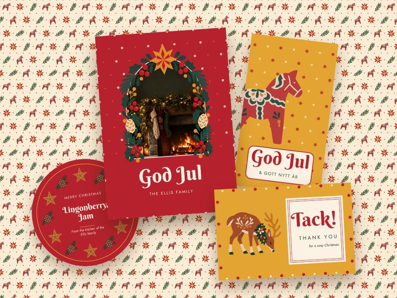 Nordic Folk Christmas designs: a God Jul photo card, a Dala horse gift tag, a jam jar label and a thank-you postcard