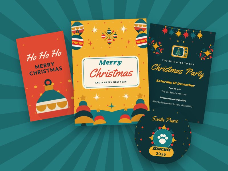 Retro Christmas designs: a Ho Ho Ho tag, a Merry Christmas card, a party invitation and a pet ornament