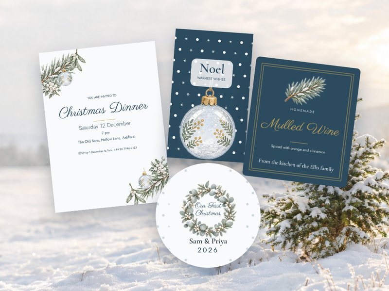 White Christmas designs: a dinner invitation, a navy Noel gift tag, a mulled wine label and a keepsake ornament in the snow