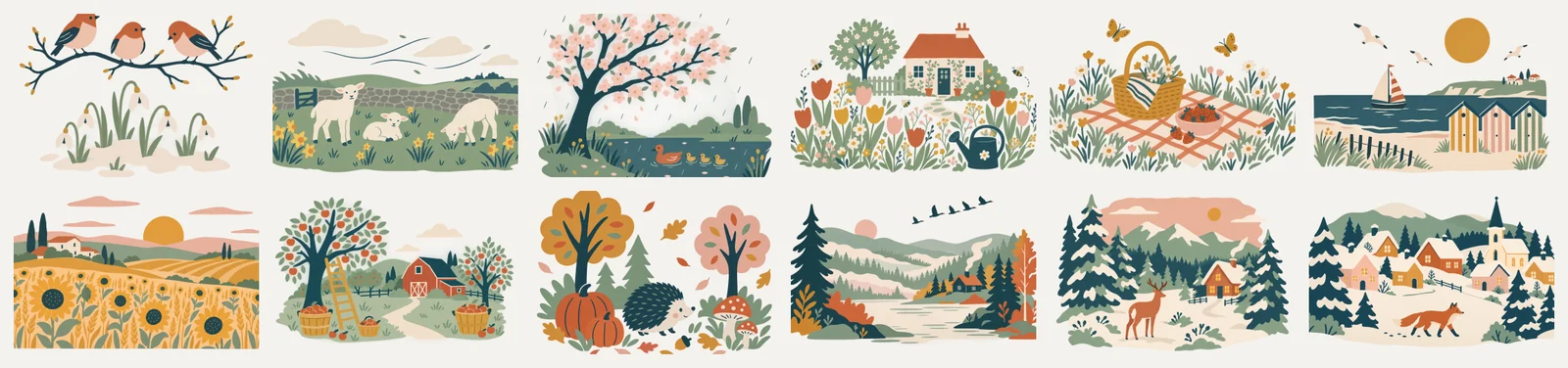 Twelve illustrated calendar scenes, one for each month