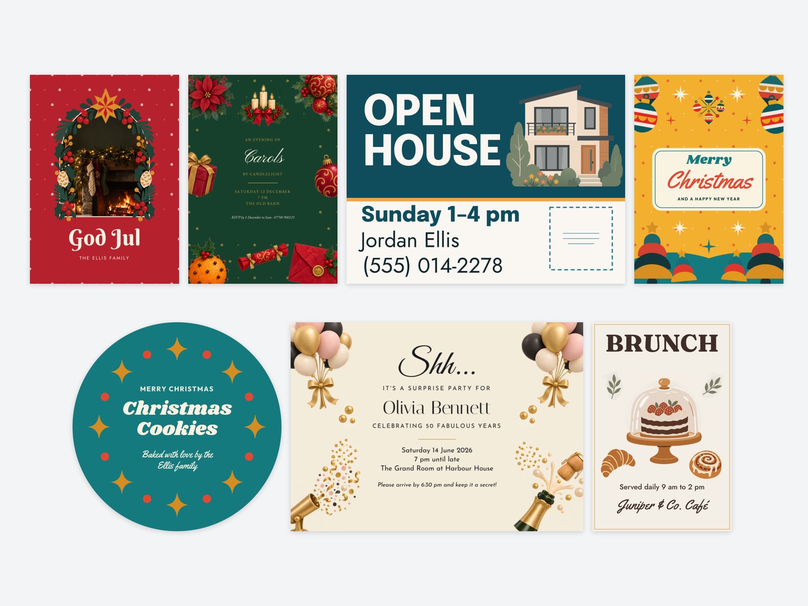 Templates from the Print.App store: Christmas cards and an invitation, an open-house yard sign, a round cookie jar label, a surprise party invitation and a brunch poster