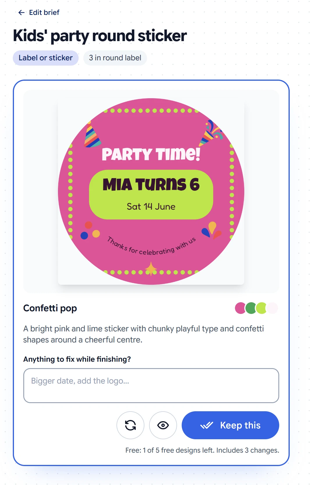 A Template Studio draft card for a round party sticker, with its palette, a note box and the Keep this button