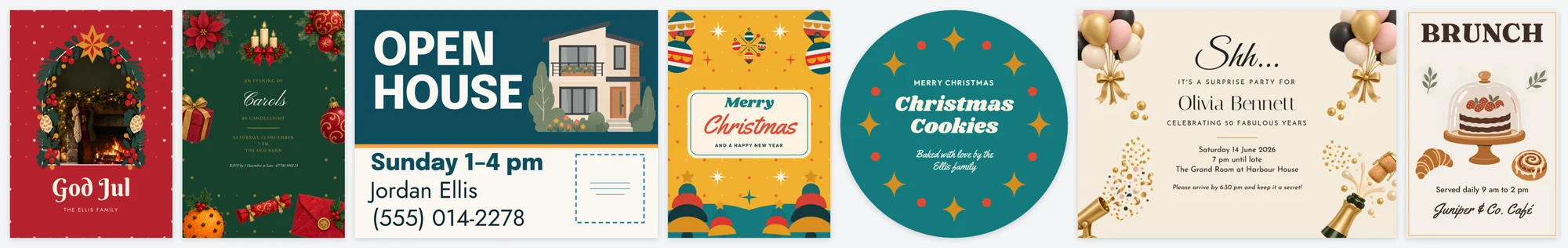 Templates from the Print.App store: Christmas cards and an invitation, an open-house yard sign, a round cookie jar label, a surprise party invitation and a brunch poster