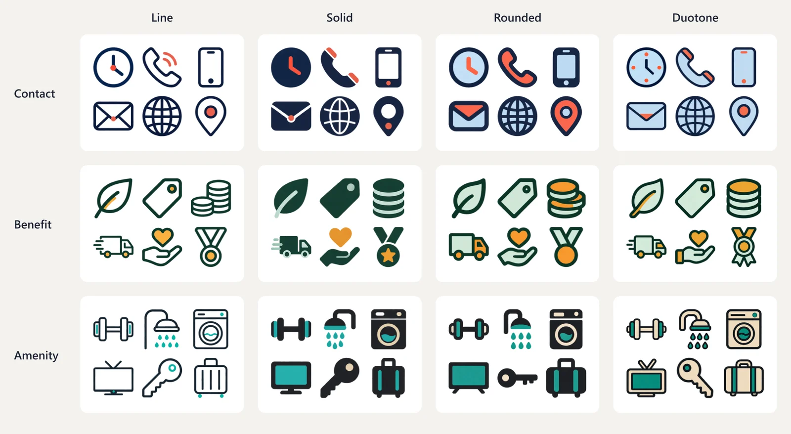 Contact, benefit and amenity icon sets in line, solid, rounded and duotone styles