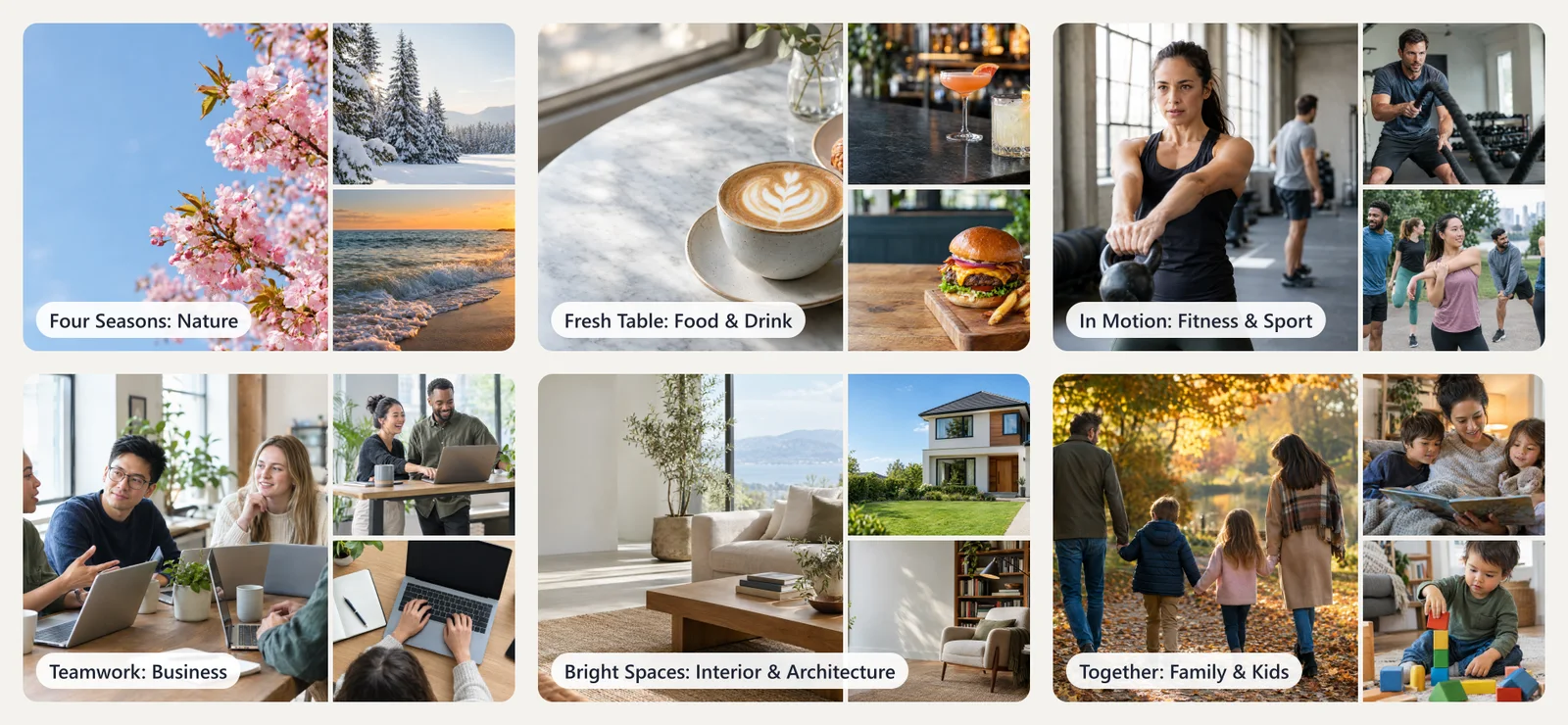 Six photo kits: nature, food and drink, fitness, business, interiors and families