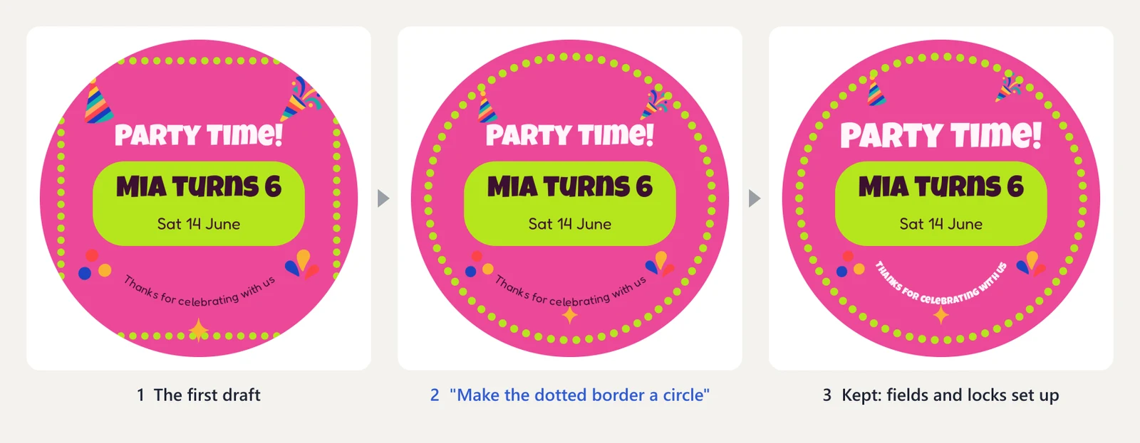 The first draft, the redraw after "make the dotted border a circle", and the kept design