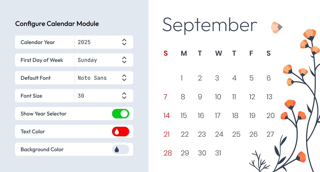 Calendar module settings next to a calendar page