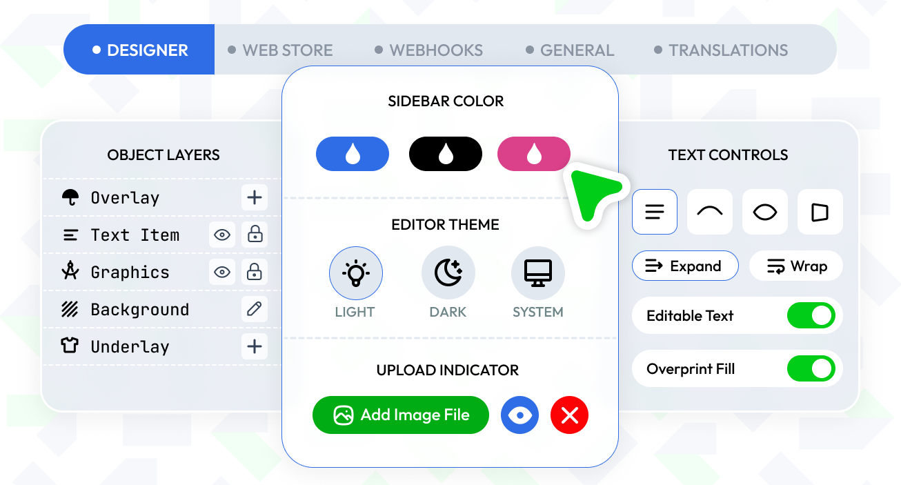 Editor settings for theme, sidebar color, layers and text controls